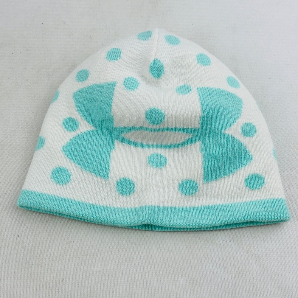 Under Armour Youth Girls Polka Dot Beanie M Stretch Knit Hat White Aqua